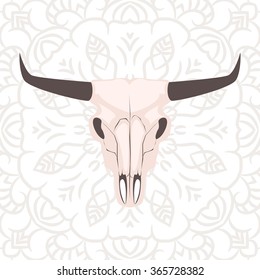 Longhorn cow skull head vector illustration. Animal cranium on subtle openwork background in boho style..