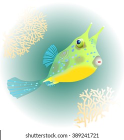 Longhorn cowfish, bright and original coral fish. Vector illustration.