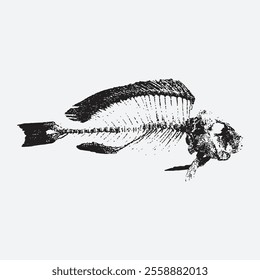 Longhorn fish skull with halftone stipple effect, for grunge punk collage design.  illustration in grainy photocopy texture