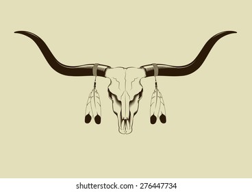 Longhorn Skull With Feathers