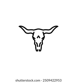 Longhorn skull icon. Simple outline of a longhorn cattle skull, symbolizing western and cowboy culture. Perfect for use in rustic designs, ranch logos, wild west-themed projects. Vector illustration