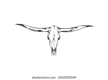 Longhorn Skull Illustration in Black and White With Prominent Horns. Vector Illustration.