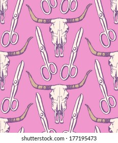 Longhorn skull and scissors, vector seamless pattern 