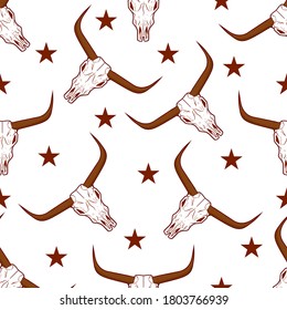 Longhorn skull with stars seamless pattern white background. Bull skull head with horns pattern vector illustration. Texas animal symbol.