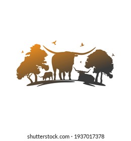 Longhorn Texas Cattle Silhouette Illustration. Scene Landmark with Trees Design Vector. 