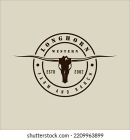 Longhorn Texas Logo Vector Vintage Illustration Template Icon Graphic Design. Skull Head Of Cow Or Buffalo Sign Or Symbol For Animal Wildlife Or Ranch Business With Retro Circle Badge Typography Style