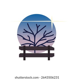Longing Memory. Colorful vector illustration of a sunset scene with a fence and bare tree, capturing nostalgia in modern minimalist style.