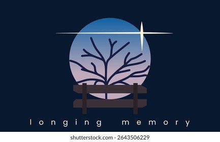 Longing Memory. Emotional landscape vector featuring bare tree, fence, and soft gradient sky with “longing memory” text in a serene night setting.