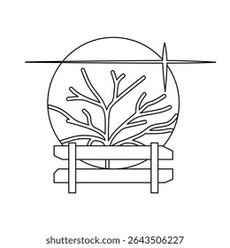 Longing Memory. Line art of a tree and fence under a glowing star in outline style, evoking emotional simplicity and peaceful memory.