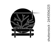 Longing Memory. Minimalist vector of a bare tree behind a fence with a setting sun in black fill style, symbolizing solitude and reflection.