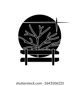Longing Memory. Minimalist vector of a bare tree behind a fence with a setting sun in black fill style, symbolizing solitude and reflection.