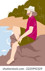 longish man sitting on the rocks enjoying the scenery of the beach. side view. suitable for holiday themes, leisure, summer, vacation, etc. flat vector illustration