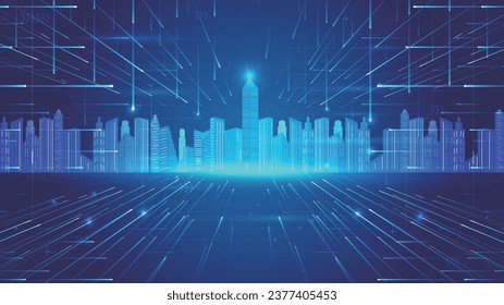 The longitudinal extension rays lead to the city building, connecting the concept of the future city.