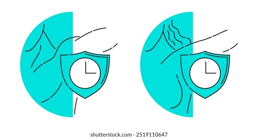Long-lasting antiperspirant icon in two versions - for men and women. Isolated pictograms in thin line with semicircle shapes