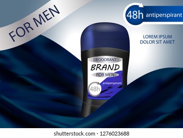 Long-lasting deodorant antiperspirant for men in black package. Vector illustration.
