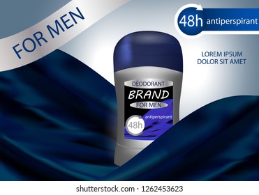 Long-lasting deodorant antiperspirant for men in grey packaging. Vector illustration.