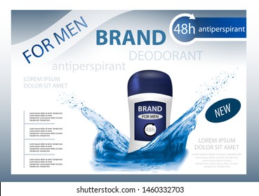 Long-lasting deodorant antiperspirant for men with water splash. Package design or poster, advertising. 3d realistic vector illustration.