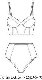 Longline Corset Bra Vector, Bustier Bra And High Waist Brief Womens Lingerie Template Isolated Illustration On White Background. CAD Mockup.