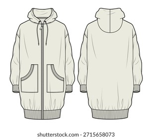 Sudaderas con capucha larga Vector maqueta Plantilla diseño plano técnico.