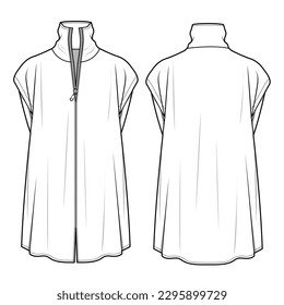 Longline Top with Turtle Neck, Front Zip Up, Cap Sleeve, Front and Back View Vector Flat Sketch Template.