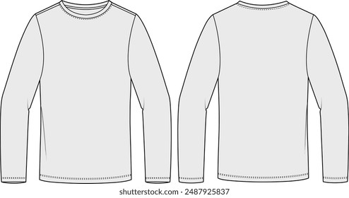 Longlseeve crewneck t-shirt Technical fashion illustration design template with ribbed cuffs, regular fit front and back view