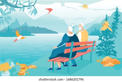 Pareja casada sentada en Bench por río. Esposo y esposa en Walk decidieron relajarse, sentarse y ver la hermosa naturaleza alrededor. Las pájaros brillantes se vuelan a su lado. En Distance Forest y Hills.