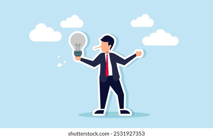 A long-nosed businessman holds and displays a broken lamp, illustration of the act of offering bad ideas or idea scams or idea manipulation