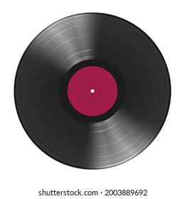 a long-playing vinyl record with a crimson sticker in the center of the disc