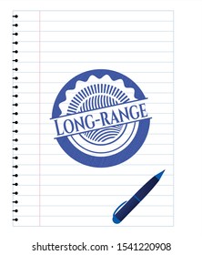 Long-range emblem draw with pen effect. Blue ink. Vector Illustration. Detailed.