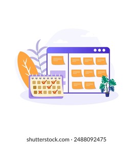 Long-range planning illustration. Calendar, note, text, checkmark, plant. Editable vector graphic design.