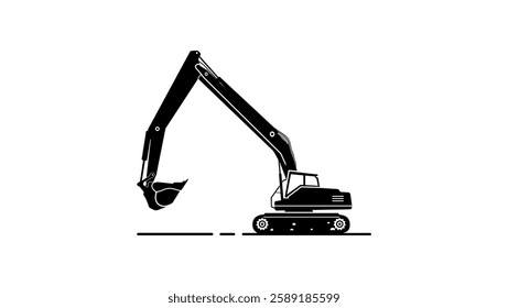 Long-reach excavator, black isolated silhouette