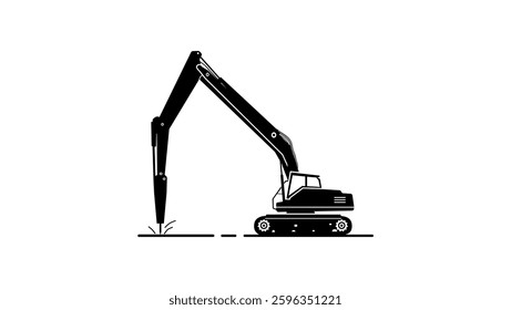 Long-reach excavator with hammer, black isolated silhouette