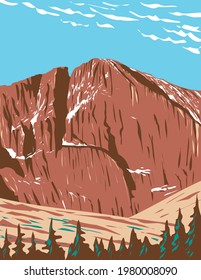 Longs Peak in the Northern Front Range of the Rockies or Rocky Mountains Within the Rocky Mountain National Park Wilderness in Colorado WPA Poster Art