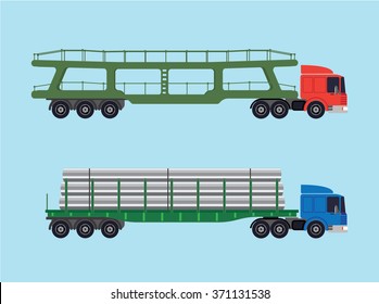 Long-size trucks. Two trucks with various trailers. One for transportation vehicles and one for long goods, pipes, beams, slabs.
