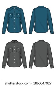 Camisas de mujeres de denim azul y negro de manga larga.