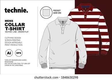 Longsleeve Collar T Shirt Vector Flat Template for the use in Fashion Design of clothing and accessories. Front and back view with a bonus additional pocket add on