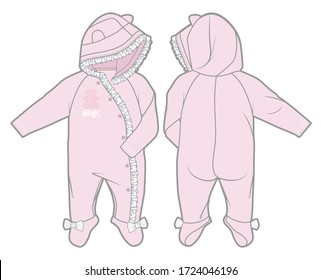 Long-sleeve hooded jumpsuit with cute embellishment for a baby girl. Front and back view.