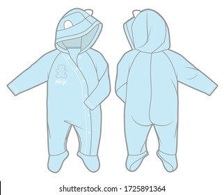 Long-sleeve hooded jumpsuit with cute embellishment for a baby boy Front and back view.