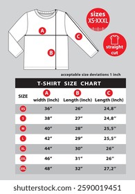 Longsleeve t shirt size chart for marketplaces and web side