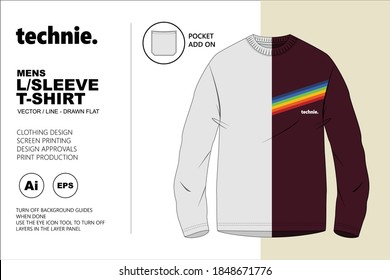 Longsleeve T-shirt Vector Flat Template for use in Fashion Design. Additional bonus pocket add on