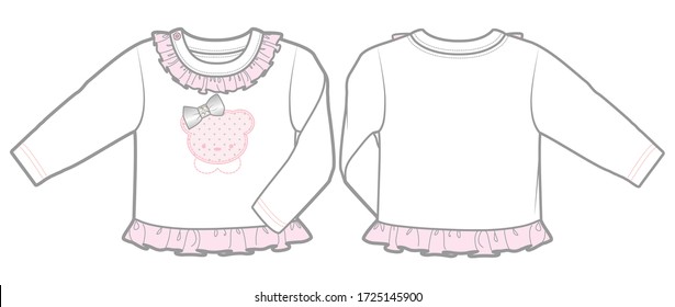 Long-sleeved blouse in cotton jersey for a baby girl. Snap fasteners on one shoulder. Front and back view.