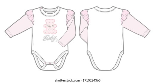 Long-sleeved bodysuit in soft ribbed jersey for a baby girl. Snap fasteners on one shoulder and at gusset. Front and back view.