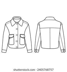 Long-sleeved collared jacket, windproof jacket for girls. Outerwear jackets technical fashion illustration. Flat coat template front and back view.