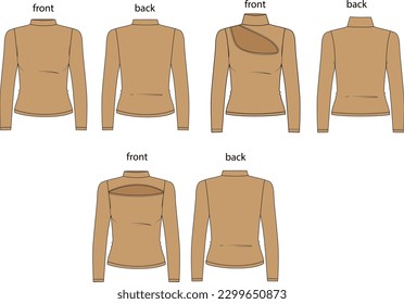 long-sleeved t-shirt drawing, winter tops, three-style top, colored drawing, slim fit bodysuit with cut-out detail