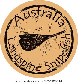 Longspine snipefish silhouette icon round shabby emblem design old retro style. Australian snipefish head logo mail stamp on craft paper vintage grunge sign. Bristle snipefish. Fish with long nose.
