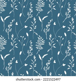Long-stem field plants seamless pattern. Botanical background. Meadow grass digital paper on blue.