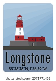 Longstone Lighthouse, originally called the Outer Farne Lighthouse. Located at Northumberlands coast in northeast England. Vector Illustration