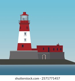 Longstone Lighthouse, originally called the Outer Farne Lighthouse. Located at Northumberlands coast in northeast England. Vector Illustration