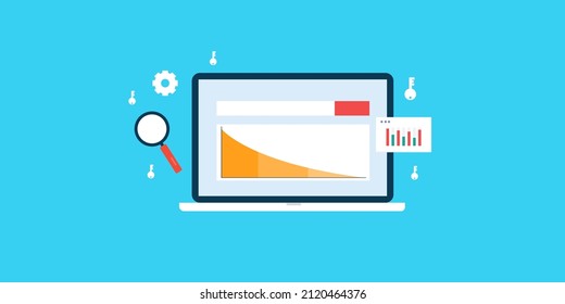 Investigación de palabras clave de larga duración, selección de palabras clave más larga para SEO, panel de análisis de palabras clave en laptop - ilustración vectorial de diseño plano