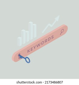 Long-tail and semantically related keyword research concept. Keyword Ranking with search bar and chart icons. Selection and analysis popular search terms with search engine optimization